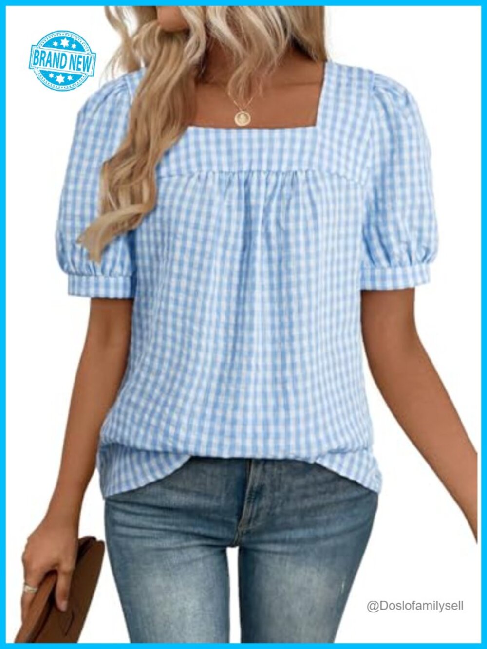 Gingham Tunic Top Short Sleeve Square Neck Cotton Blend Blouse